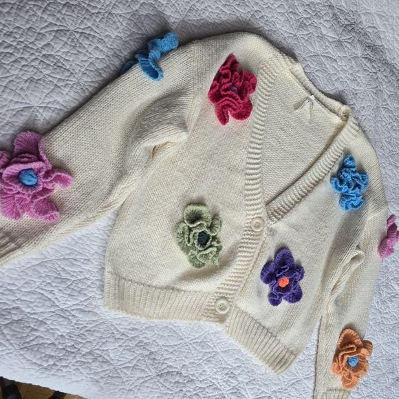 Dreamers Cream Knit Cardigan With Colorful Crochet 3D Flowers Sweater - Picture 2 of 14